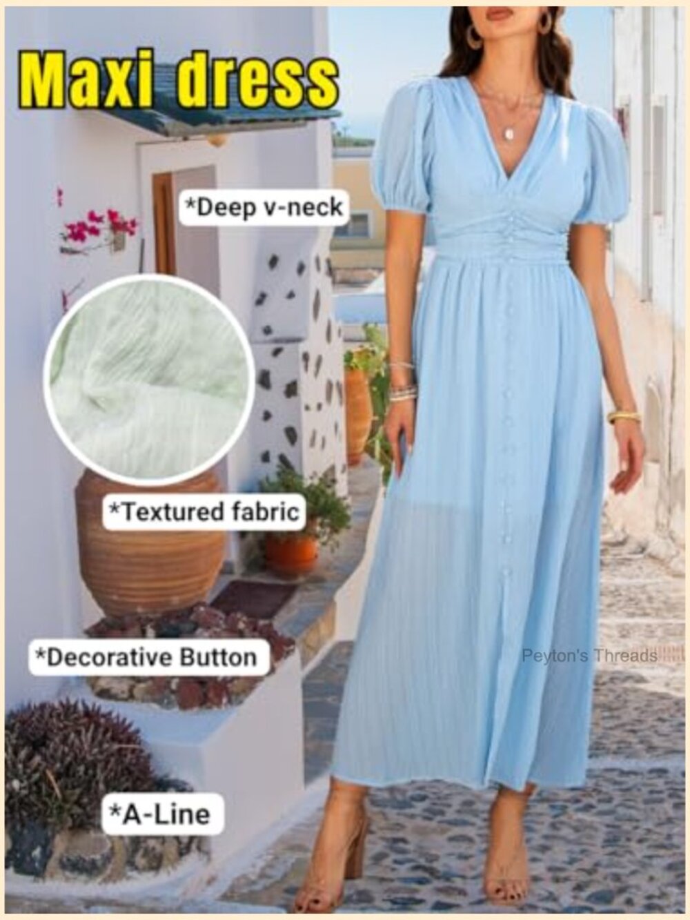Flowy Maxi Dress with Deep V-Neck and Puff Sleeves - Picture 2 of 7